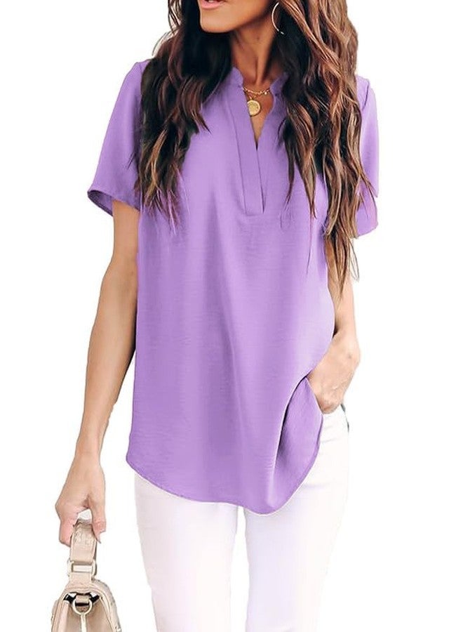 Allimy Womens Ladies Fashion Summer Spring Plus Size Short Sleeve Business Casual Outfits Dress Shirts Blouses and Tops for Women 2026 Trendy Dressy Casual Elegant Pruple M - Image 3